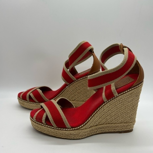 TORY BURCH WOMENS RED AND TAN WEDGE ADONIS WEDGE ESPADRILLES SIZE 10B - Picture 2 of 13